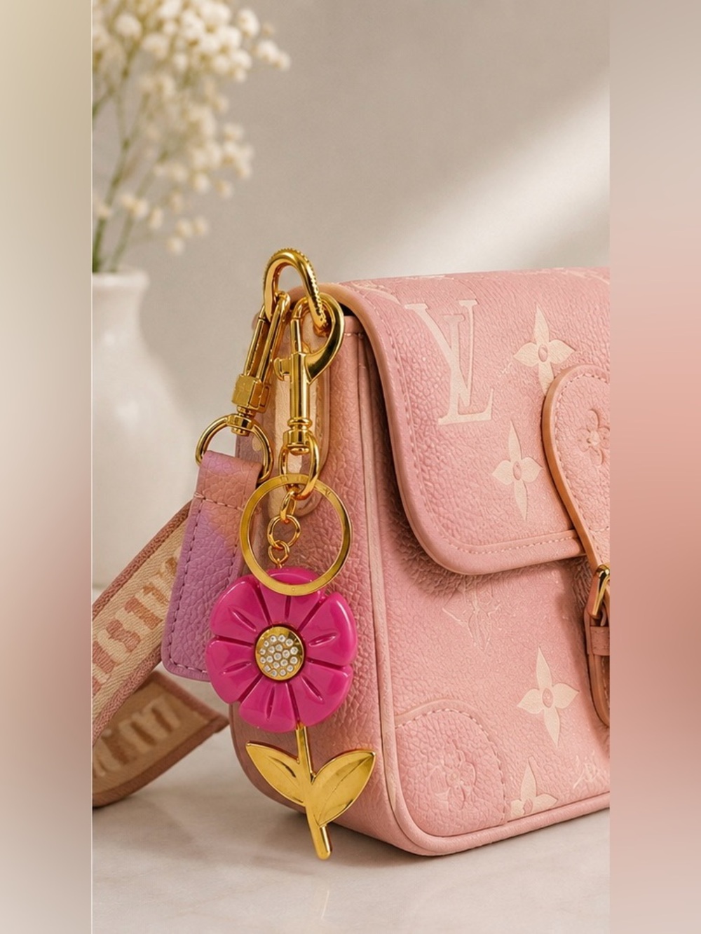 Louis Vuitton Pink Flower Key & Bag Charm with Gold Hardware